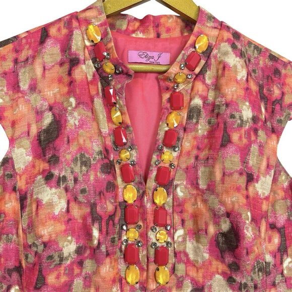 Eliza J Dress Linen Blend Sheath Midi Dress Size 12 Jeweled Embellished Neck - Picture 2 of 8